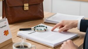 Документы и лупа на рабочем столе, помогающие подготовиться к визиту контролирующих органов