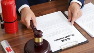 Судебный молоток и огнетушитель на документах для разрешения административных споров с пожарным надзором в 2026 году